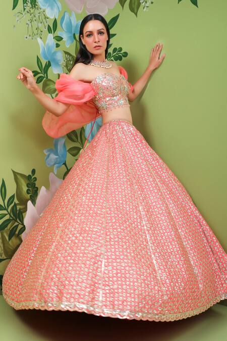 Prevasu_Coral Blouse And Organza, Lehenga Embroidered With Strapless _Online_at_Aza_Fashions