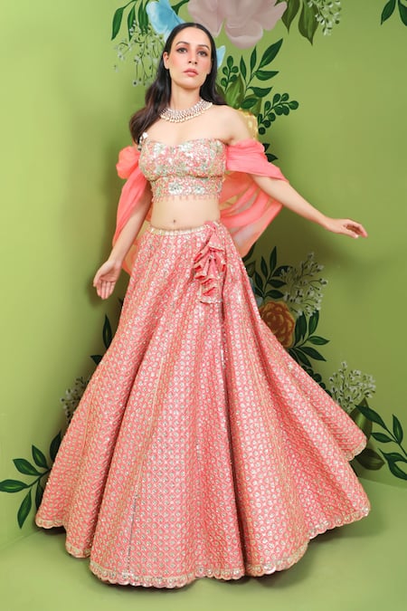 Buy_Prevasu_Coral Blouse And Organza, Lehenga Embroidered With Strapless _Online_at_Aza_Fashions