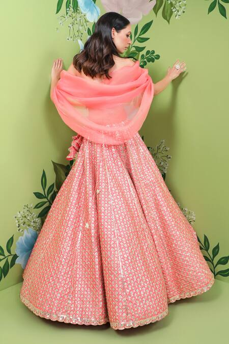 Shop_Prevasu_Coral Blouse And Organza, Lehenga Embroidered With Strapless _Online_at_Aza_Fashions
