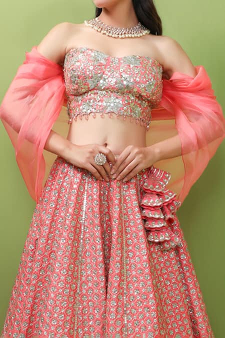 Prevasu_Coral Blouse And Organza, Lehenga Embroidered With Strapless _at_Aza_Fashions