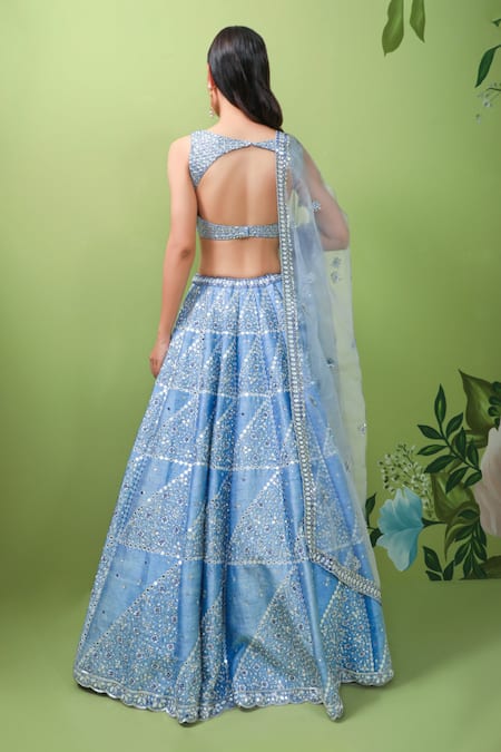 Shop Prevasu Blue Dupatta Organza, Lehenga And Blouse Raw Geometric Embroidered Bridal Set at Aza Fashions Shop_Prevasu_Blue Dupatta Organza, Lehenga And Blouse Raw Geometric Embroidered Bridal Set _at_Aza_Fashions