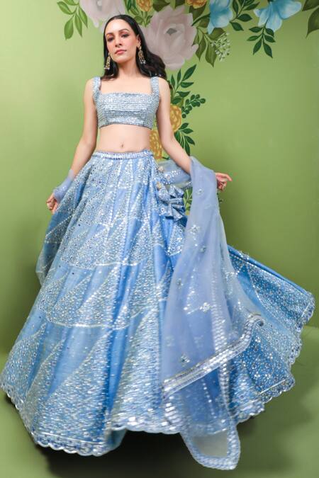 Prevasu Blue Dupatta Organza, Lehenga And Blouse Raw Geometric Embroidered Bridal Set Online at Aza Fashions Prevasu_Blue Dupatta Organza, Lehenga And Blouse Raw Geometric Embroidered Bridal Set _Online_at_Aza_Fashions
