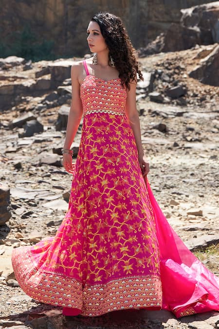 Pooja Rajgarhia Gupta Pink Georgette And Organza Sweetheart Neck Printed Anarkali With Dupatta