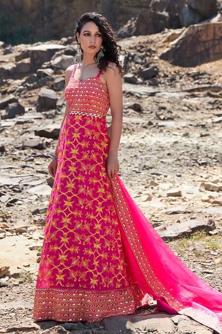 Pooja Rajgarhia Gupta Pink Georgette And Organza Sweetheart Neck Printed Anarkali With Dupatta Online at Aza Fashions Pooja Rajgarhia Gupta_Pink Georgette And Organza Sweetheart Neck Printed Anarkali With Dupatta _Online_at_Aza_Fashions