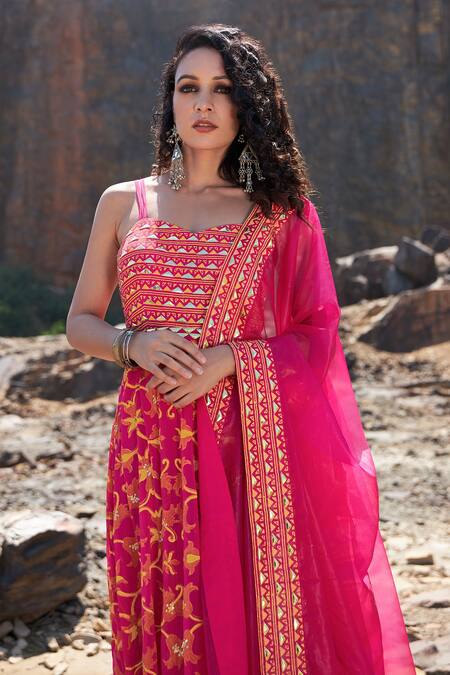 Shop Pooja Rajgarhia Gupta Pink Georgette And Organza Sweetheart Neck Printed Anarkali With Dupatta Online at Aza Fashions Shop_Pooja Rajgarhia Gupta_Pink Georgette And Organza Sweetheart Neck Printed Anarkali With Dupatta _Online_at_Aza_Fashions