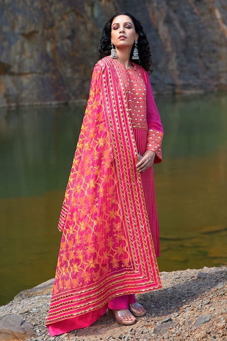 Shop Pooja Rajgarhia Gupta Pink Georgette, Crepe And Organza Round Printed Kurta & Palazzo Set at Aza Fashions Shop_Pooja Rajgarhia Gupta_Pink Georgette, Crepe And Organza Round Printed Kurta & Palazzo Set _at_Aza_Fashions