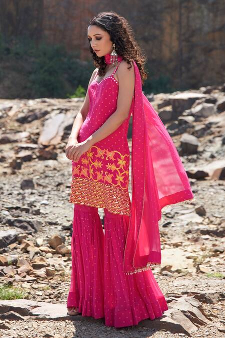 Shop Pooja Rajgarhia Gupta Pink Georgette And Crepe Sweetheart Neck Printed Kurta & Sharara Set at Aza Fashions Shop_Pooja Rajgarhia Gupta_Pink Georgette And Crepe Sweetheart Neck Printed Kurta & Sharara Set _at_Aza_Fashions