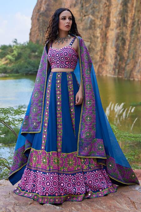 Buy Pooja Rajgarhia Gupta Blue Georgette And Organza Sweetheart Neck Printed Lehenga Set Online at Aza Fashions Buy_Pooja Rajgarhia Gupta_Blue Georgette And Organza Sweetheart Neck Printed Lehenga Set _Online_at_Aza_Fashions