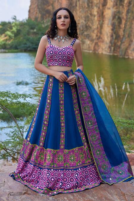 Shop Pooja Rajgarhia Gupta Blue Georgette And Organza Sweetheart Neck Printed Lehenga Set Online at Aza Fashions Shop_Pooja Rajgarhia Gupta_Blue Georgette And Organza Sweetheart Neck Printed Lehenga Set _Online_at_Aza_Fashions