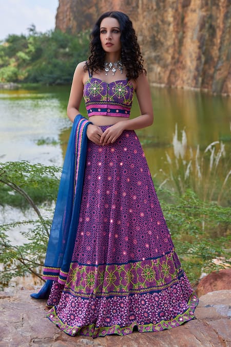Pooja Rajgarhia Gupta Blue Georgette And Organza Sweetheart Neck Printed Lehenga Set 