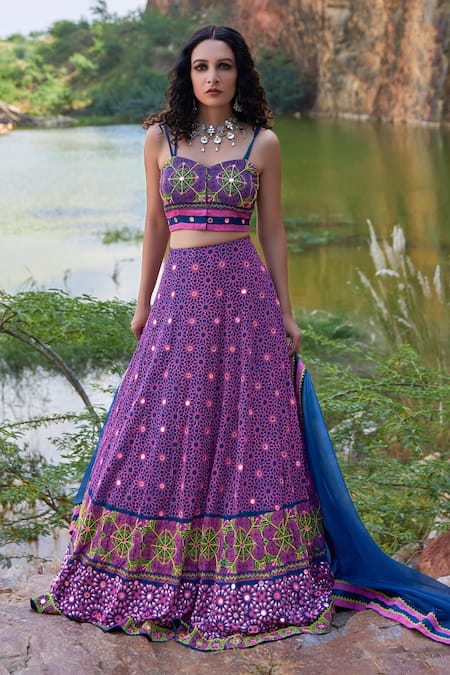 Pooja Rajgarhia Gupta Blue Georgette And Organza Sweetheart Neck Printed Lehenga Set Online at Aza Fashions Pooja Rajgarhia Gupta_Blue Georgette And Organza Sweetheart Neck Printed Lehenga Set _Online_at_Aza_Fashions