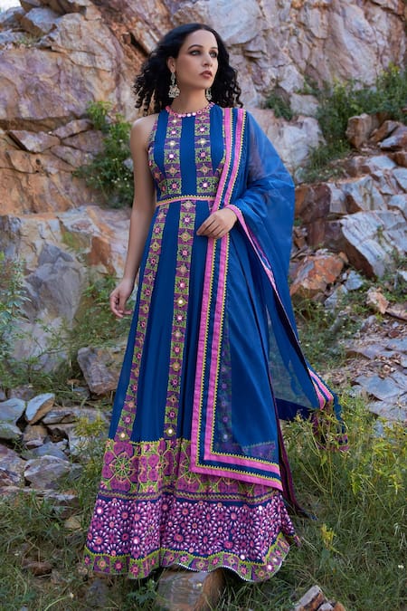 Pooja Rajgarhia Gupta_Blue Georgette And Organza High Printed Anarkali With Dupatta _Online_at_Aza_Fashions