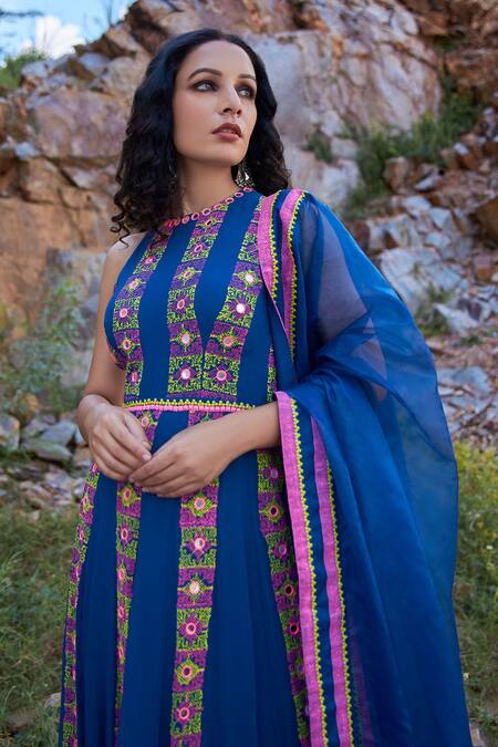 Buy_Pooja Rajgarhia Gupta_Blue Georgette And Organza High Printed Anarkali With Dupatta _Online_at_Aza_Fashions
