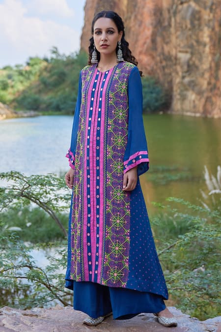 Pooja Rajgarhia Gupta Blue Crepe And Georgette Round Printed Kurta & Palazzo Set