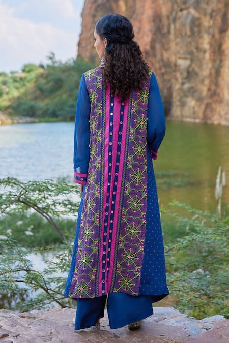 Shop Pooja Rajgarhia Gupta Blue Crepe And Georgette Round Printed Kurta & Palazzo Set at Aza Fashions Shop_Pooja Rajgarhia Gupta_Blue Crepe And Georgette Round Printed Kurta & Palazzo Set _at_Aza_Fashions