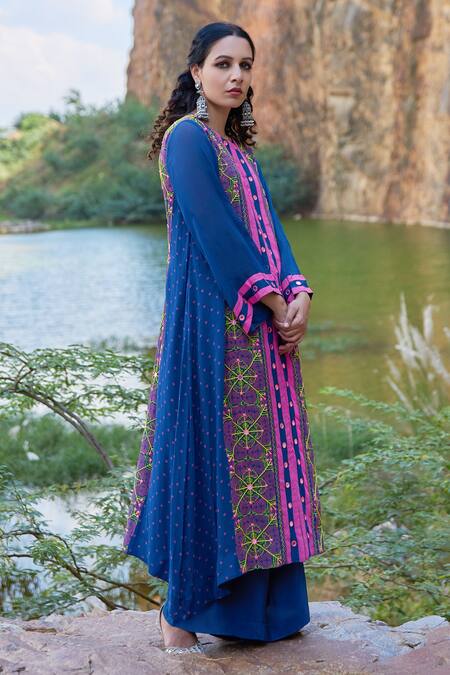 Pooja Rajgarhia Gupta Blue Crepe And Georgette Round Printed Kurta & Palazzo Set Online at Aza Fashions Pooja Rajgarhia Gupta_Blue Crepe And Georgette Round Printed Kurta & Palazzo Set _Online_at_Aza_Fashions