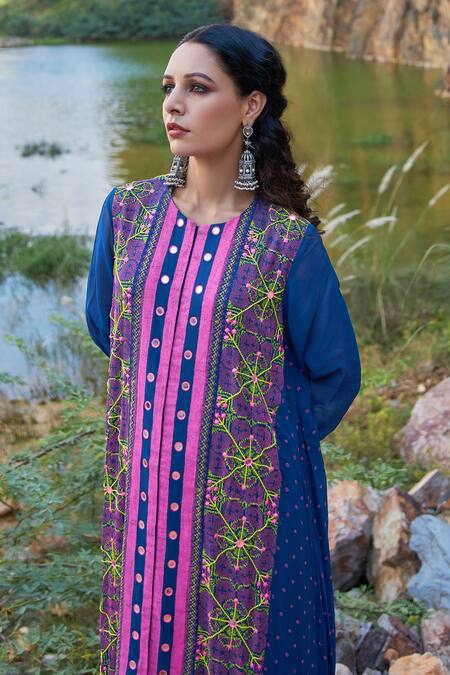 Pooja Rajgarhia Gupta Blue Crepe And Georgette Round Printed Kurta & Palazzo Set at Aza Fashions Pooja Rajgarhia Gupta_Blue Crepe And Georgette Round Printed Kurta & Palazzo Set _at_Aza_Fashions
