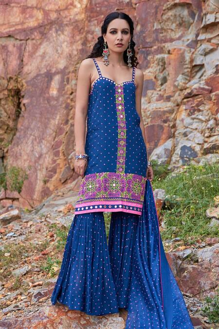 Pooja Rajgarhia Gupta Blue Crepe, Georgette And Organza Sweetheart Neck Printed Kurta & Sharara Set Online at Aza Fashions Pooja Rajgarhia Gupta_Blue Crepe, Georgette And Organza Sweetheart Neck Printed Kurta & Sharara Set _Online_at_Aza_Fashions