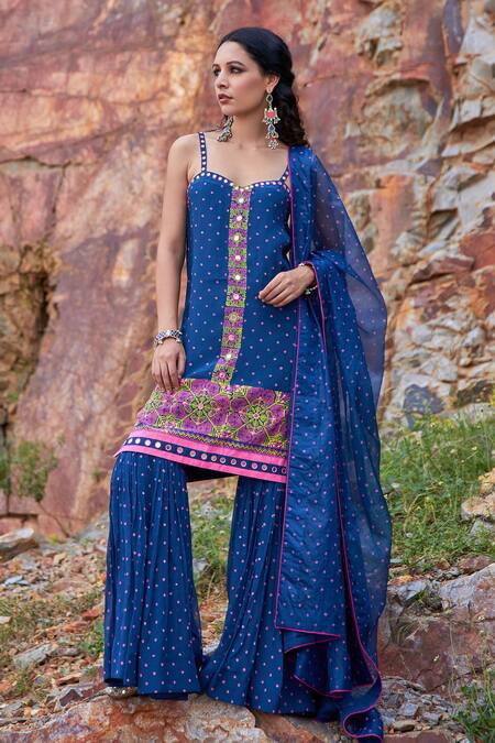 Buy Pooja Rajgarhia Gupta Blue Crepe, Georgette And Organza Sweetheart Neck Printed Kurta & Sharara Set Online at Aza Fashions Buy_Pooja Rajgarhia Gupta_Blue Crepe, Georgette And Organza Sweetheart Neck Printed Kurta & Sharara Set _Online_at_Aza_Fashions