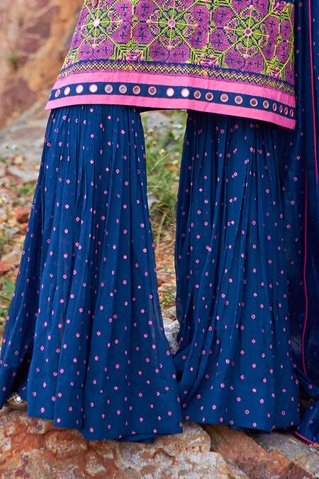 Shop Pooja Rajgarhia Gupta Blue Crepe, Georgette And Organza Sweetheart Neck Printed Kurta & Sharara Set Online at Aza Fashions Shop_Pooja Rajgarhia Gupta_Blue Crepe, Georgette And Organza Sweetheart Neck Printed Kurta & Sharara Set _Online_at_Aza_Fashions