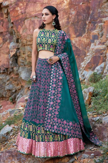 Pooja Rajgarhia Gupta Green Georgette And Organza Embroidery High Printed Lehenga Set 