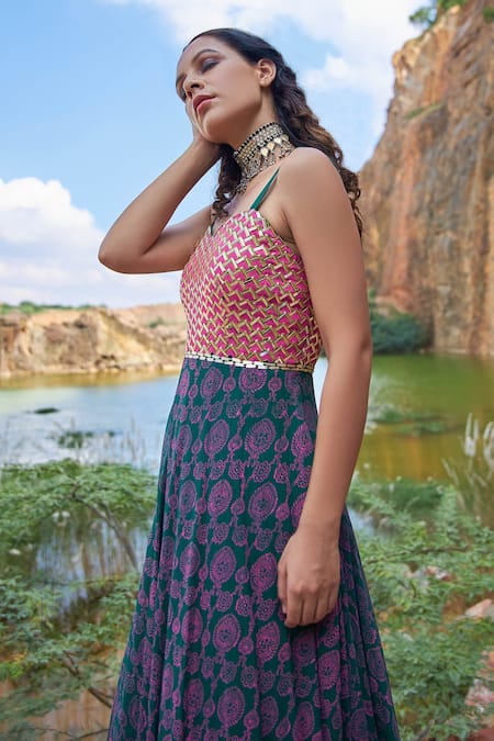 Pooja Rajgarhia Gupta_Green Georgette And Organza Sweetheart Neck Printed Anarkali Set _Online_at_Aza_Fashions