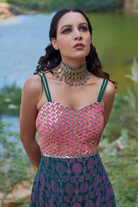 Shop_Pooja Rajgarhia Gupta_Green Georgette And Organza Sweetheart Neck Printed Anarkali Set _Online_at_Aza_Fashions