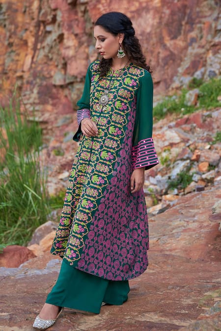 Shop Pooja Rajgarhia Gupta Green Georgette And Crepe Round Printed Kurta & Palazzo Set at Aza Fashions Shop_Pooja Rajgarhia Gupta_Green Georgette And Crepe Round Printed Kurta & Palazzo Set _at_Aza_Fashions