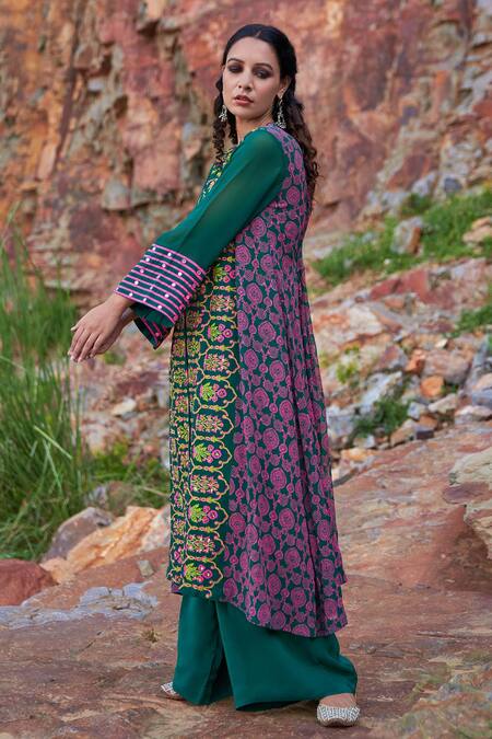 Pooja Rajgarhia Gupta Green Georgette And Crepe Round Printed Kurta & Palazzo Set Online at Aza Fashions Pooja Rajgarhia Gupta_Green Georgette And Crepe Round Printed Kurta & Palazzo Set _Online_at_Aza_Fashions