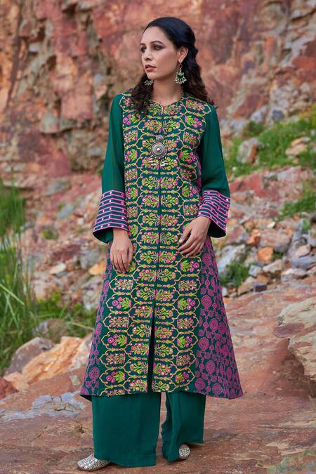 Buy Pooja Rajgarhia Gupta Green Georgette And Crepe Round Printed Kurta & Palazzo Set Online at Aza Fashions Buy_Pooja Rajgarhia Gupta_Green Georgette And Crepe Round Printed Kurta & Palazzo Set _Online_at_Aza_Fashions