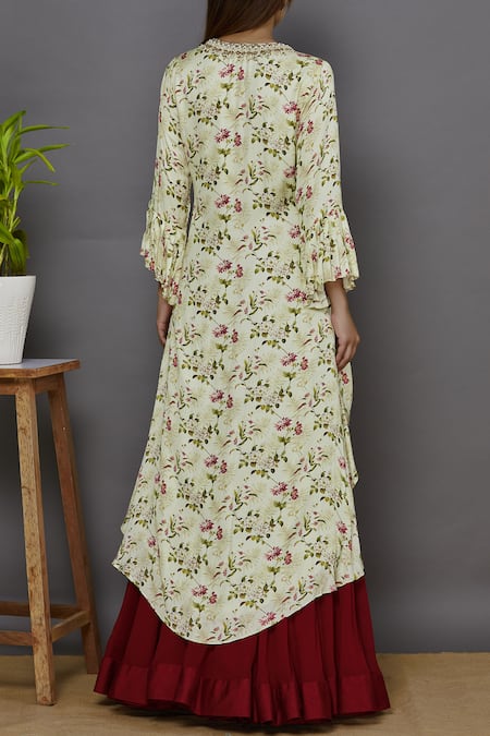 Shop_Ariyana By Aza_Cream Georgette, Modal, Silk Zari V-neck Printed Kurta Lehenga Set _at_Aza_Fashions