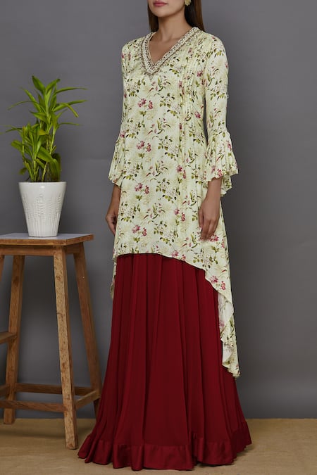 Buy_Ariyana By Aza_Cream Georgette, Modal, Silk Zari V-neck Printed Kurta Lehenga Set _Online_at_Aza_Fashions