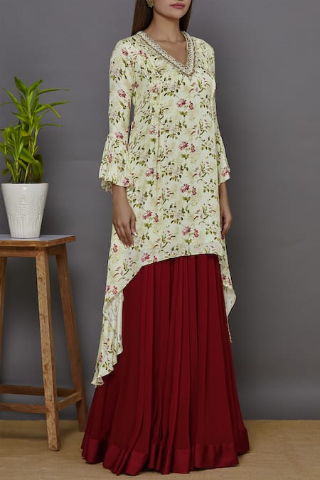 Ariyana By Aza_Cream Georgette, Modal, Silk Zari V-neck Printed Kurta Lehenga Set _Online_at_Aza_Fashions