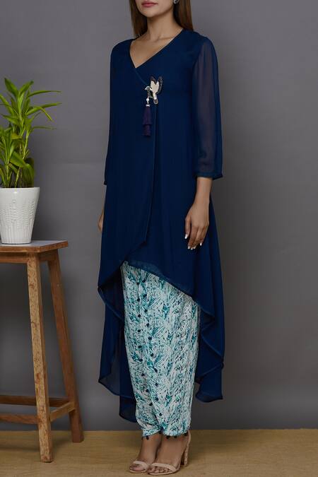 Buy_Aariyana Couture_Blue Viscose, Georgette Beads, Sequins V-neck Asymmetric Kurta Set_Online_at_Aza_Fashions
