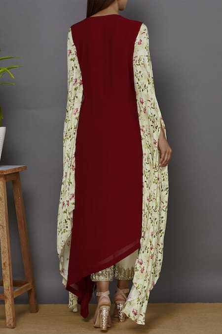 Shop_Ariyana by Aza_Cream Modal Satin V Neck Printed Asymmetric Kurta Set _at_Aza_Fashions
