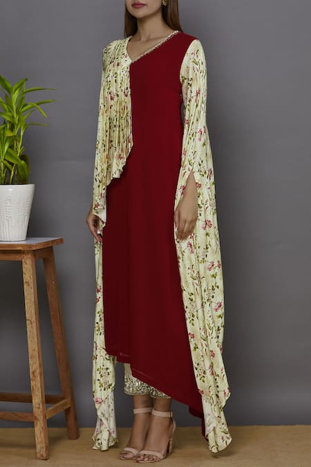 Buy_Ariyana by Aza_Cream Modal Satin V Neck Printed Asymmetric Kurta Set _Online_at_Aza_Fashions