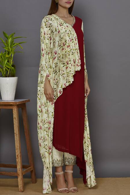 Ariyana by Aza_Cream Modal Satin V Neck Printed Asymmetric Kurta Set _Online_at_Aza_Fashions