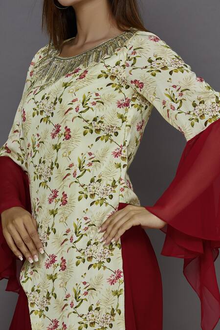 Shop_Aariyana Couture_Cream Georgette, Modal Beads, Sequins Round Neck Printed Draped Tunic_Online_at_Aza_Fashions