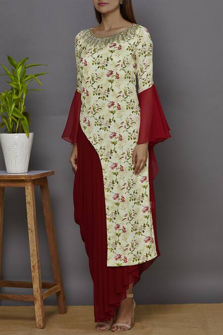 Buy_Aariyana Couture_Cream Georgette, Modal Beads, Sequins Round Neck Printed Draped Tunic_Online_at_Aza_Fashions