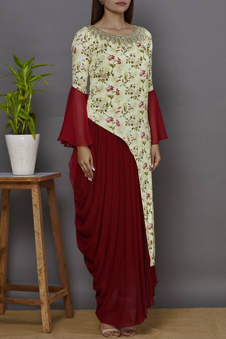 Aariyana Couture_Cream Georgette, Modal Beads, Sequins Round Neck Printed Draped Tunic_Online_at_Aza_Fashions