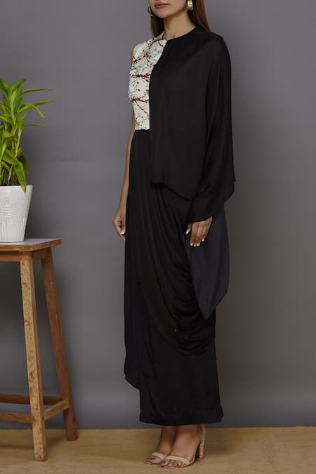 Buy_Aariyana Couture_Black Modal, Satin Round Neck Printed Draped Dress_Online_at_Aza_Fashions