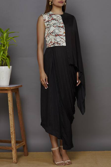 Aariyana Couture_Black Modal, Satin Round Neck Printed Draped Dress_Online_at_Aza_Fashions