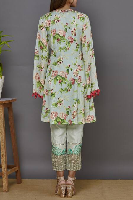 Shop_Ariyana by Aza_Blue Modal Satin Round Printed Kurta Set _at_Aza_Fashions
