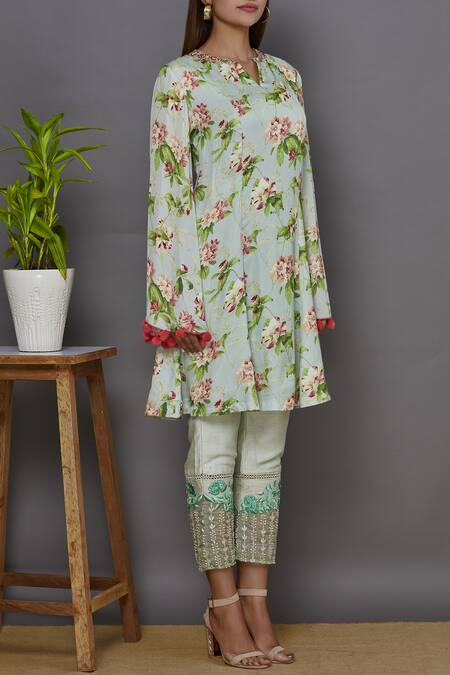 Ariyana by Aza_Blue Modal Satin Round Printed Kurta Set _Online_at_Aza_Fashions