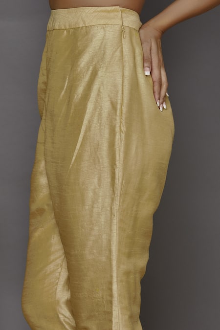 Shop_Ariyana By Aza_Gold Bamboo, Net Embroidery, Sequins Round Neck Printed Asymmetric Kurta Set _Online_at_Aza_Fashions