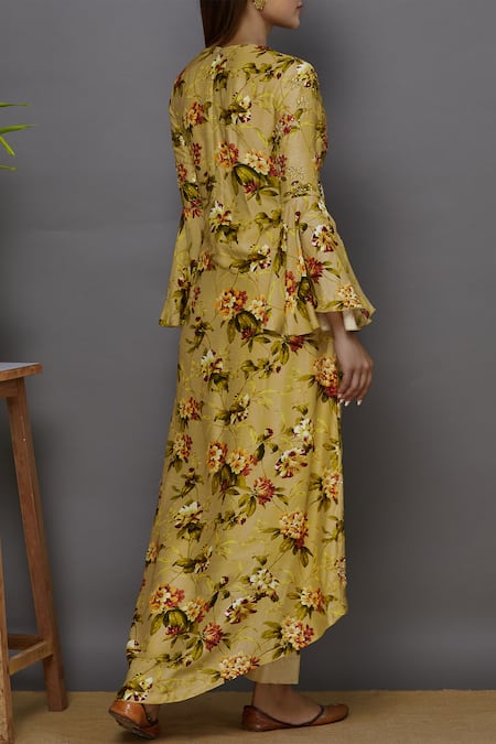 Shop_Ariyana By Aza_Gold Bamboo, Net Embroidery, Sequins Round Neck Printed Asymmetric Kurta Set _at_Aza_Fashions