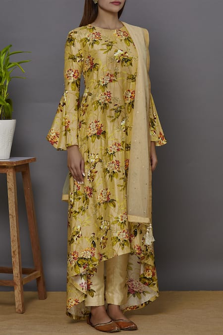 Ariyana By Aza_Gold Bamboo, Net Embroidery, Sequins Round Neck Printed Asymmetric Kurta Set _Online_at_Aza_Fashions