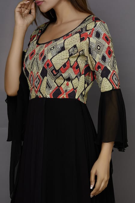 Shop_Ariyana by Aza_Black Modal Satin Round Printed Draped Tunic _Online_at_Aza_Fashions