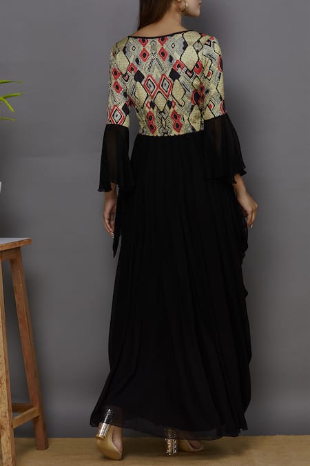 Shop_Ariyana by Aza_Black Modal Satin Round Printed Draped Tunic _at_Aza_Fashions