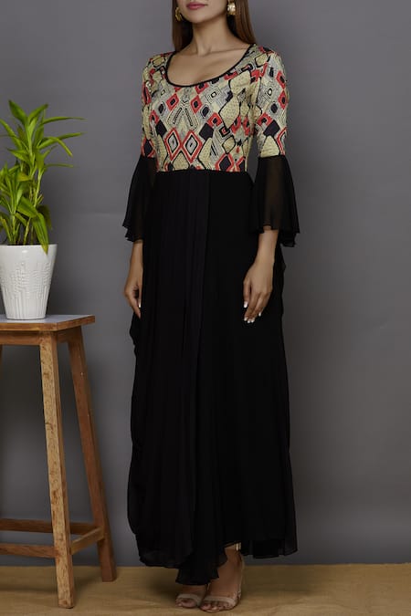 Buy_Ariyana by Aza_Black Modal Satin Round Printed Draped Tunic _Online_at_Aza_Fashions